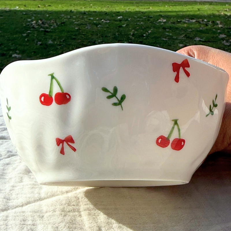 Sweet Cherry Bow Handmade Ceramic Bowl 🍒🌿