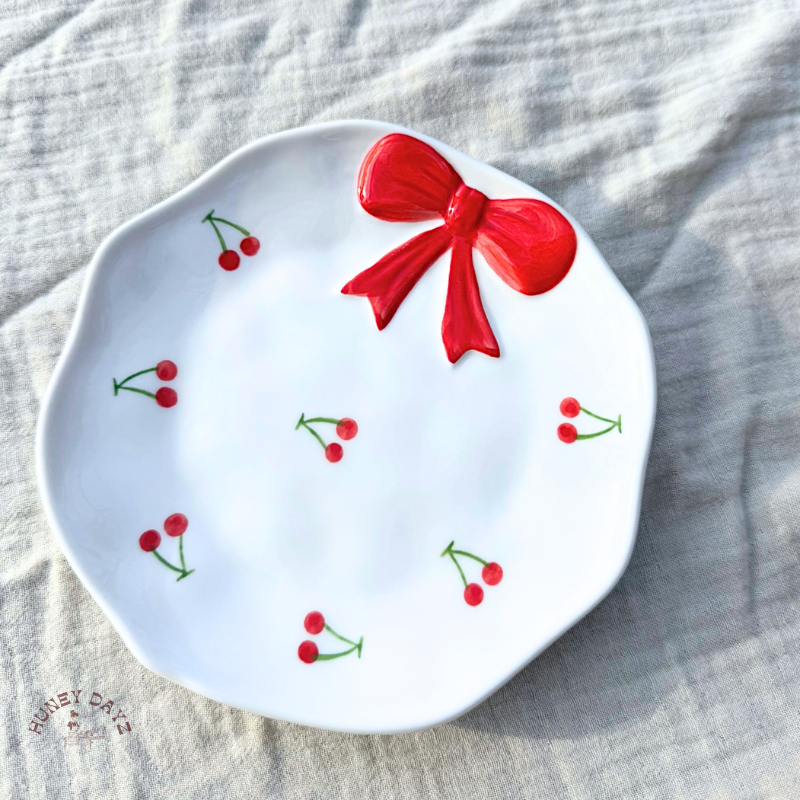 Red Cherry Bow Ceramic Small Snack, Jewelry, Dish 🍒🎀