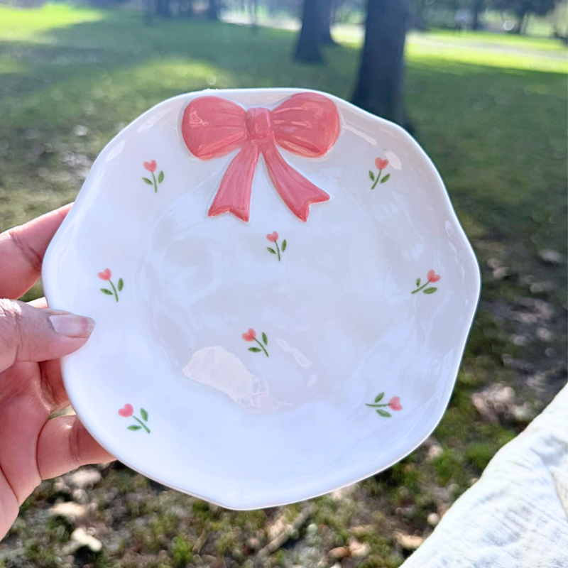Peachy Pink Bow Blossom Ceramic Small Snack, Jewelry, Dish 🌷🎀