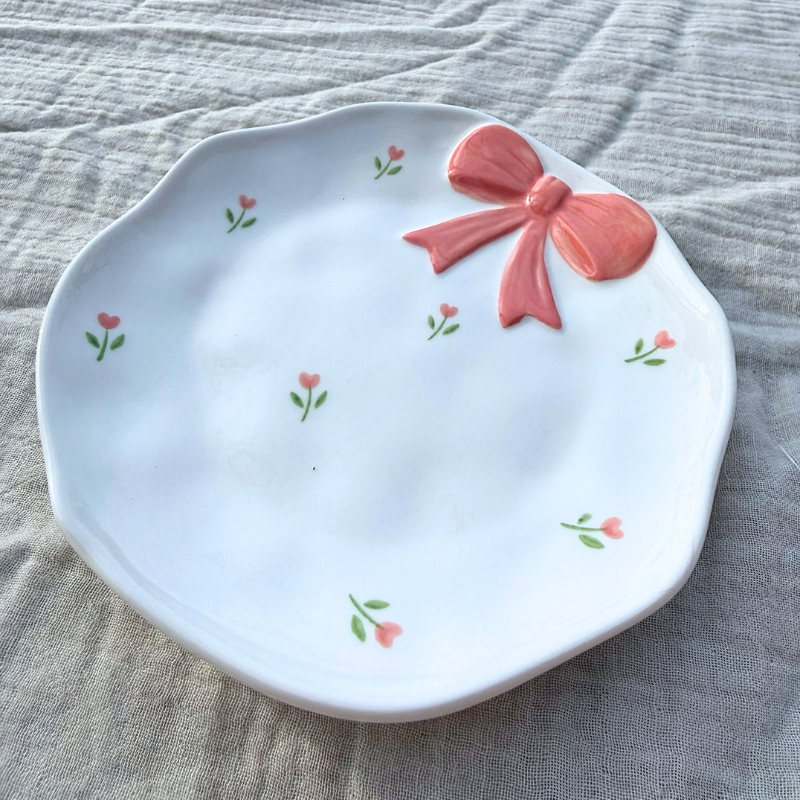 Peachy Pink Bow Blossom Ceramic Small Snack, Jewelry, Dish 🌷🎀