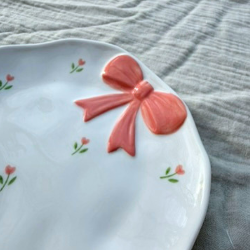 Peachy Pink Bow Blossom Ceramic Small Snack, Jewelry, Dish 🌷🎀