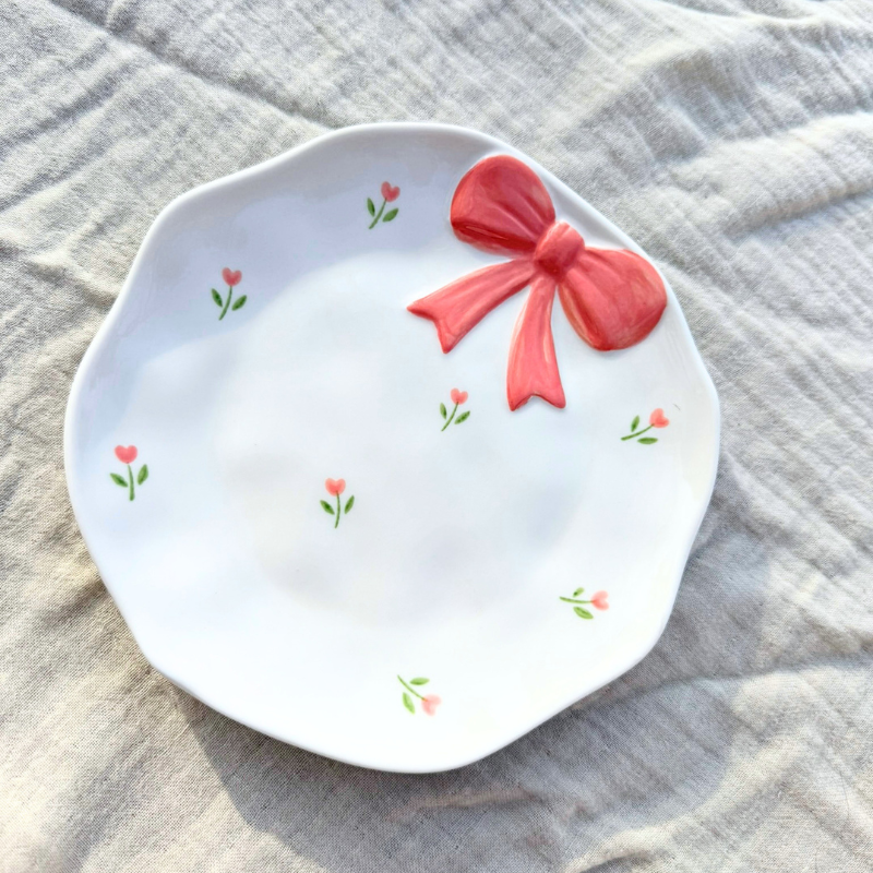 Peachy Pink Bow Blossom Ceramic Small Snack, Jewelry, Dish 🌷🎀