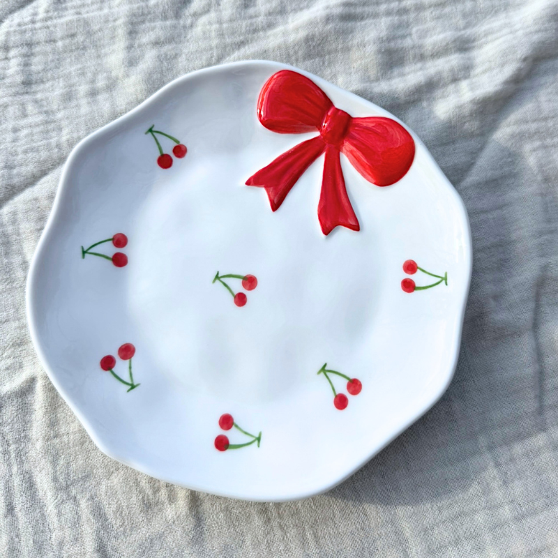 Red Cherry Bow Ceramic Small Snack, Jewelry, Dish 🍒🎀