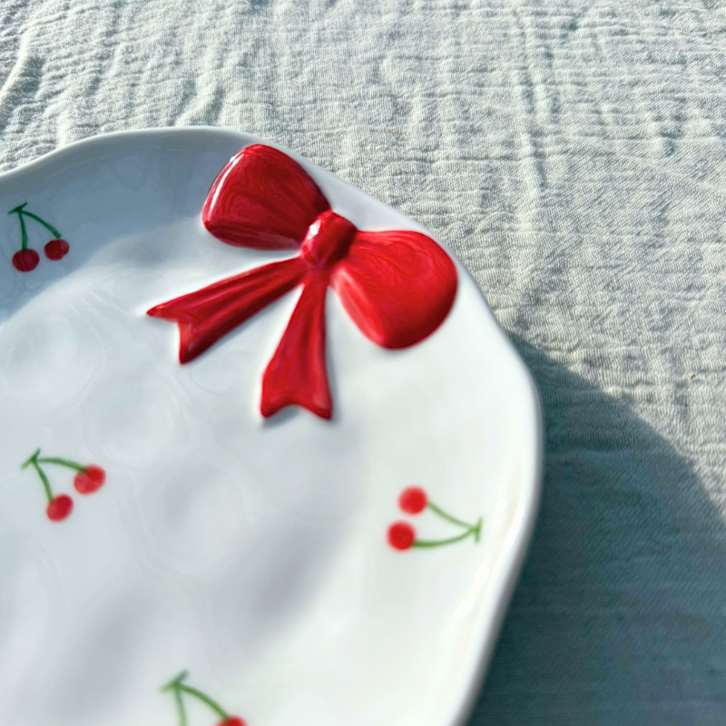 Red Cherry Bow Ceramic Small Snack, Jewelry, Dish 🍒🎀