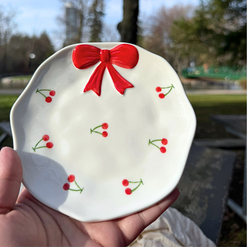Red Cherry Bow Ceramic Small Snack, Jewelry, Dish 🍒🎀